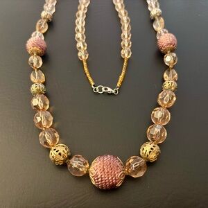 Pink Artistic Beaded Necklace with Metal Accents Hangs Approximately 17”